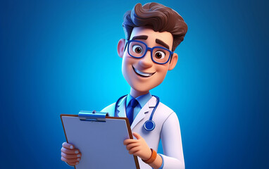 3d render, cartoon character smart trustworthy doctor wears glasses and holds blue clipboard. Professional caucasian male specialist. Medical clip art isolated on blue background. Hospital assistant