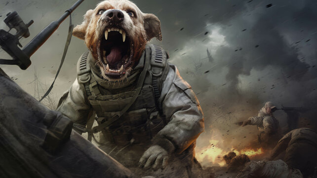 Perro soldado en combate. ia generada