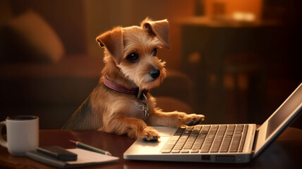 Perro trabajando en laptop. ia generada - obrazy, fototapety, plakaty