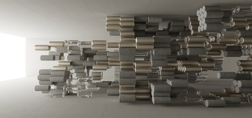 Abstract architectural minimalistic background. Contemporary showroom. Modern concrete exhibition tunnel. Empty gallery. Backlight. 3D illustration and rendering.