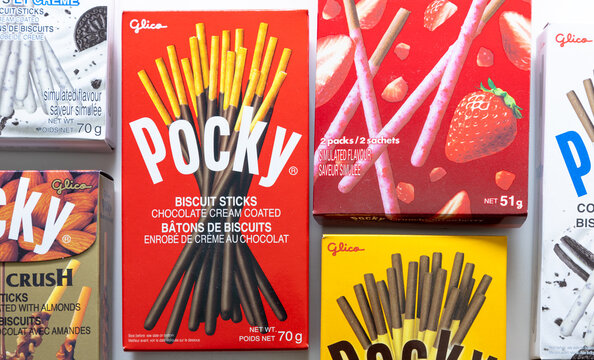 Calgary, Alberta, Canada. Jun 25, 2023. A box of Pocky, a Japanese sweet snack food produced by the Ezaki Glico food company.