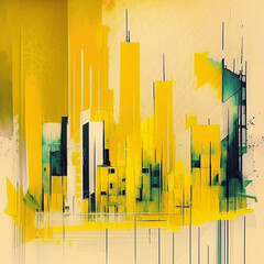 City scape watercolor painting in yellow and grey colors. Abstract buildings in city on watercolor painting.