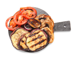 Slate board with different tasty grilled vegetables on white background