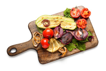 Wooden board with different tasty grilled vegetables on white background