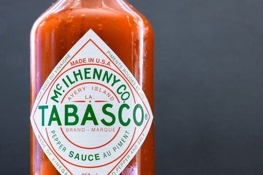 Calgary, Alberta, Canada. Jun 25, 2023. Close up to a pepper sauce Tabasco bottle, an American brand of hot sauce made from tabasco peppers, vinegar and salt.