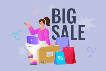 Woman using mobile e-shopping around shopping bag with big sale sign black friday holiday promotion discount concept. Special offer. buy presents or gifts through mobile application vector.