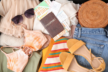 Texture of suitcase with clothes, beach accessories, passport and tickets as background. Travel...