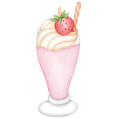 Single strawberry milkshake in glass with cream illustration