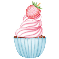 Single sweet pink strawberry cupcake illustration
