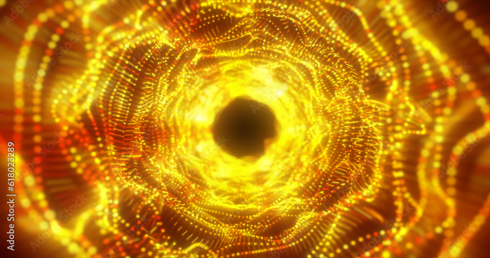 Poster abstract yellow energy tunnel made of particles and a grid of high-tech lines with a glowing backgro