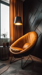 A beautiful and minimalist yellow leather armchair in dark style. Generative Ai.