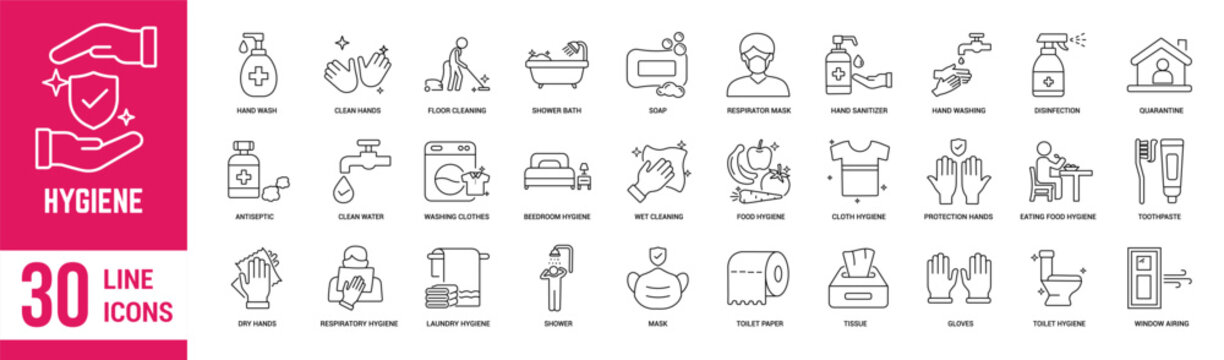 Hygiene thin line icons set. Washing hands, bathing, premises, soap, clean, clothing, antiseptic, respiratory mask and sanitation. Vector illustration