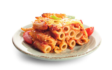 Plate of pasta with tomato sauce and cheese on grey background