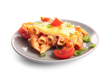 Plate of pasta with tomato sauce and cheese on grey background