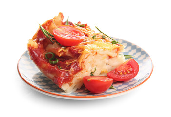Plate of pasta with tomato sauce and cheese on grey background