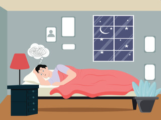Insomnia Patient Finding Difficult Sleeping and Having Deep Thoughts Illustration 