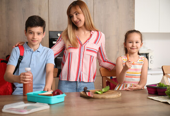 Fototapeta premium Mother preparing school lunch for her little children in kitchen