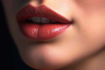 Close up view of beautiful woman lips with red matte lipstick