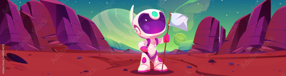 Wall mural space mars planet with cosmonaut and white flag landscape background. alien in astronaut suit in ext