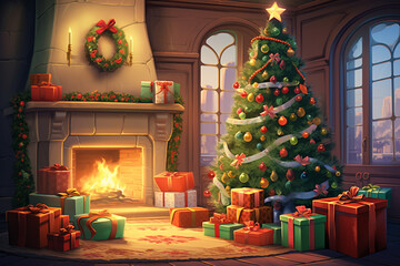 Christmas tree with presents and fireplace - obrazy, fototapety, plakaty