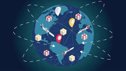 Global Logistics Network Illustration with Icons of Airplane carrying packaged goods to different map locations 