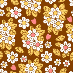 Groovy seamless pattern with Daisy Flower on brown background. Vector Illustration for wallpaper, design, textile, packaging, decor.