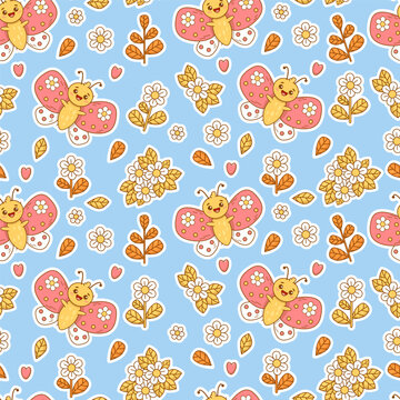 Seamless pattern with cute cartoon butterflies and flowers on blue background. Vector Illustration in style of funny flat stickers for kids collection, wallpaper, design, textile, packaging, decor.
