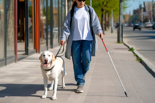 A guide dog helps a woman with poor eyesight walk. Generative AI