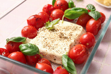 Baking dish with tasty tomatoes and feta cheese on pink tile background