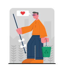 Man in glasses collects garbage in nature and sorts it for recycling. Volunteer cleans grass and bushes from litter. Love for environment. Male character with litter picker