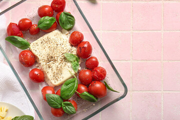 Baking dish with tasty tomatoes and feta cheese on pink tile background