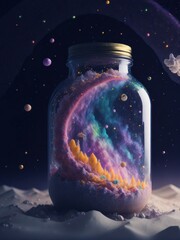 Imaginative fantasy image, a vast galaxy with a mason jar in it, with mountains and clouds.generative AI.