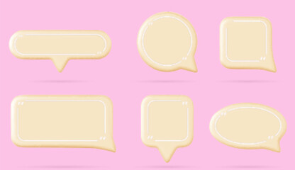 Realistic set of yellow speech boxes isolated on background. Vector illustration of round, square, rectangle, oval dialogue balloons isolated on pink background. Blank comment frames for social media