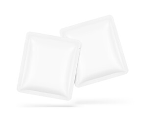 High realistic sachet mockups. Vector illustration isolated on white background. Front view. Packaging for cosmetic, food, pet. Ready for your design. EPS10.