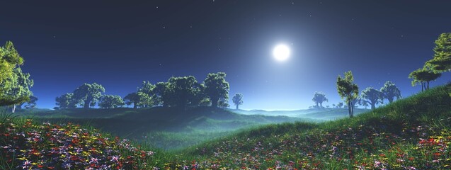 Fototapeta na wymiar Green hills of grass and flowers, Beautiful Meadow of green grass with flowers under the moonlight, glade blooming at night in the rays of the moon, 3d rendering