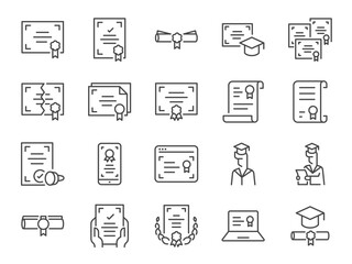 Certificate icon set. It included diploma, certificated, authorization, verification, and more icons. Editable Vector Stroke.