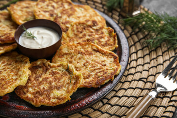 Plate of tasty zucchini fritters with sour cream on table