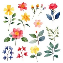 Watercolor flowers. Set Watercolor of multicolored colorful soft flowers. Flowers are isolated on a white background. Flowers pastel colors. generative ai