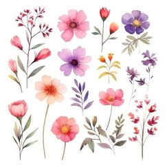 Watercolor flowers. Set Watercolor of multicolored colorful soft flowers. Flowers are isolated on a white background. Flowers pastel colors. generative ai