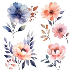 Watercolor flowers. Set Watercolor of multicolored colorful soft flowers. Flowers are isolated on a white background. Flowers pastel colors. generative ai