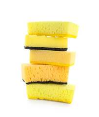 Stack of yellow sponges isolated on white background