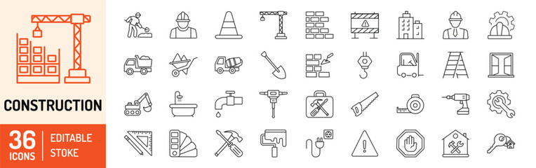 Construction editable stroke outline icons set. Construction,  renovation architecture, engineer, building, blueprint and home repair tools. Vector illustration - obrazy, fototapety, plakaty