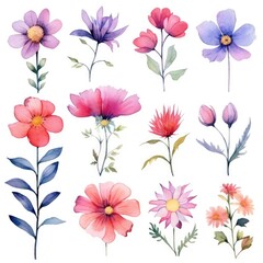 Watercolor flowers. Set Watercolor of multicolored colorful soft flowers. Flowers are isolated on a white background. Flowers pastel colors. generative ai