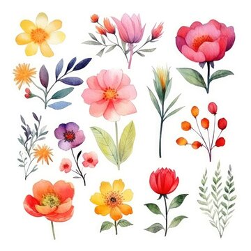 Watercolor flowers. Set Watercolor of multicolored colorful soft flowers. Flowers are isolated on a white background. Flowers pastel colors. generative ai