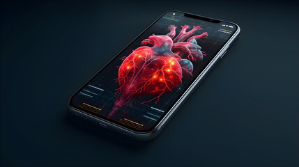 Mobile phone with heart beat on screen created with Generative AI