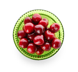 Bowl with sweet cherries on white background