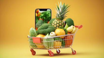shopping cart full of vegetables and mobile phone online shopping concept created with Generative AI