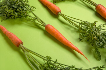 Fresh carrots with leaves on green background