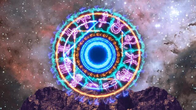 12 zodiac sign border and magic core on top mountain rotate on the space and carina nebula background