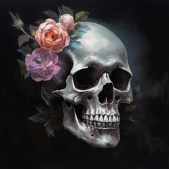 Skull and roses. Digital art. Generative AI.